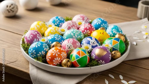 Colorful decorated Easter eggs arranged on a plate with floral accents  