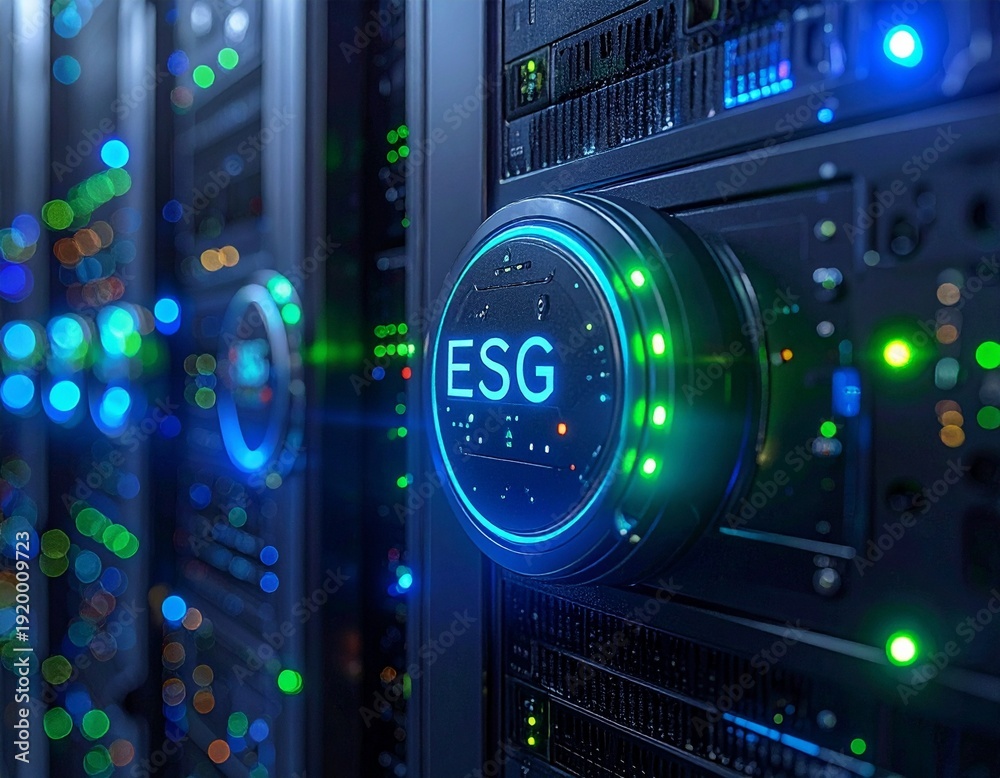 Obraz premium Energy Efficiency LED Indicator on Sustainable Server Hardware 