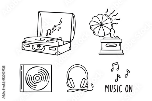 Music set headphones vinyl record music on notes line art outline, monochrome hand drawn.
