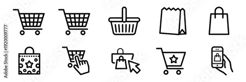 Shopping bag icon set in outline style vector illustration, online purchase and ecommerce symbol collection with shopping cart and trolley icons, retail store design elements isolated on white backgro