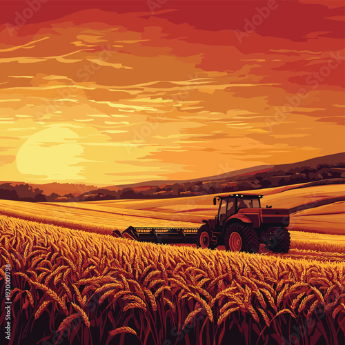 Golden harvest season unfolds as combine harvester gathers wheat while tractor plows fertile soil under a warm, vibrant sunset sky , vector style simple color