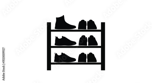 Black silhouette of a shoe rack displaying various footwear silhouette