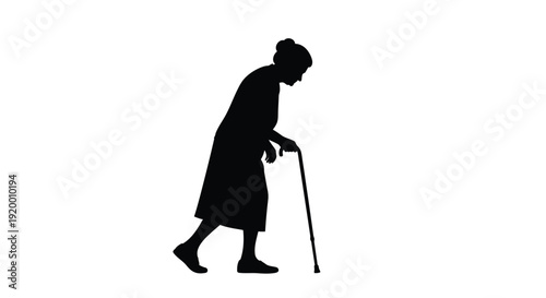 Elderly woman walking with a cane a striking black silhouette