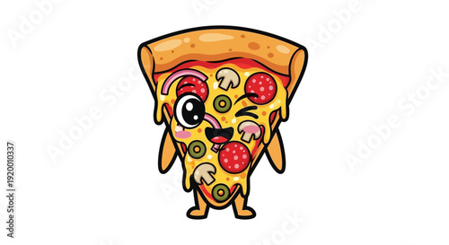 Cartoon Pizza Slice Character with Pepperoni, Mushrooms, and Olives