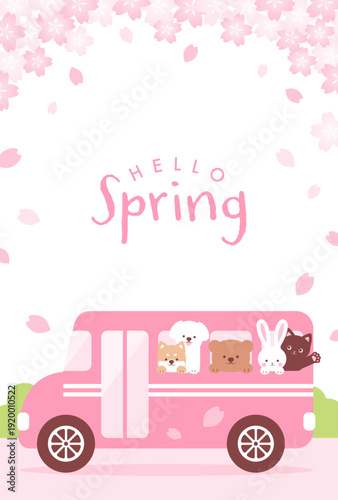 spring vector background with pink cherry blossoms and animals on the school bus