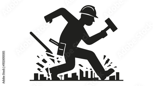 A construction worker runs with a hammer in a dynamic motion