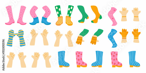 Colorful socks and hands arranged in a playful patterned composition