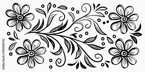 Black and white floral doodle with swirling stems and blossoms