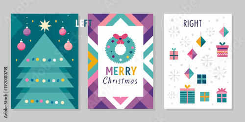 Festive christmas cards with geometric shapes and colorful holiday decorations