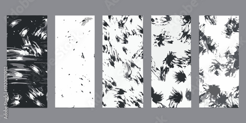 Abstract series of vertical panels with black and white brushstrokes