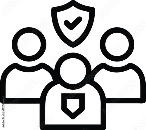 Group of people symbolizing security and protection with shield icons