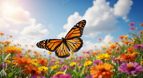 Monarch butterfly in a vibrant flower field under blue sky