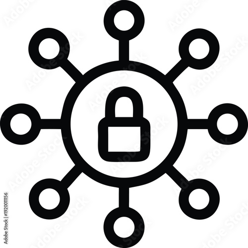 Secure network connection with interconnected nodes and a central lock symbol