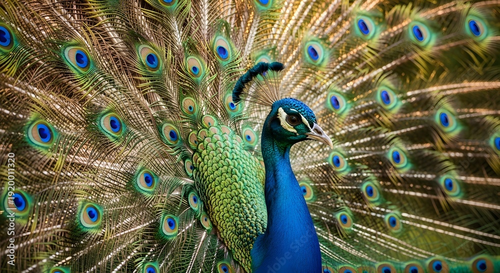 Fototapeta premium Peacock displaying iridescent blue green tail feathers
