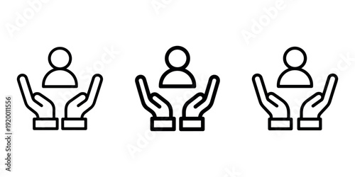 People care icon symbol hands holding person figure for support service and welfare concept on white background vector set