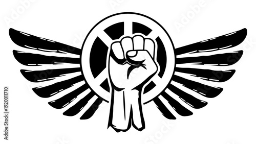 Raised fist with wings and wheel graphic illustration symbolizing freedom and empowerment