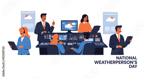 Meteorologists working in weather station control center hub