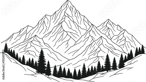 Minimalist line art illustration featuring a majestic mountain range silhouette against a clean white background ideal for outdoor adventure branding designs
