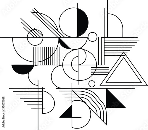 Abstract minimalist composition featuring intricate black and white line art utilizing circles curves lines and geometric shapes