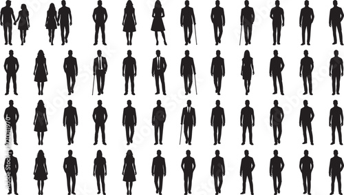 Business people silhouette vector set, men and women walking and standing corporate poses illustration