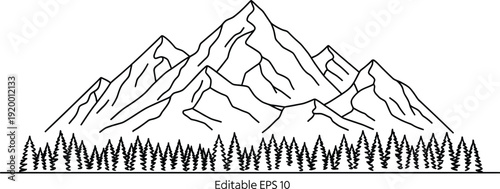 Minimalist black and white line art illustration depicts a rugged mountain range towering above a dense row of evergreen forest trees.
