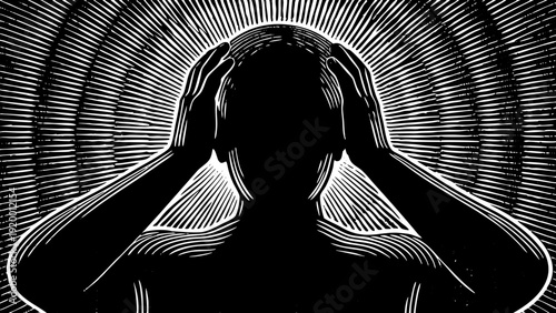 A person experiencing sound with hands on headphones, surrounded by concentric sound waves, in a close-up illustration