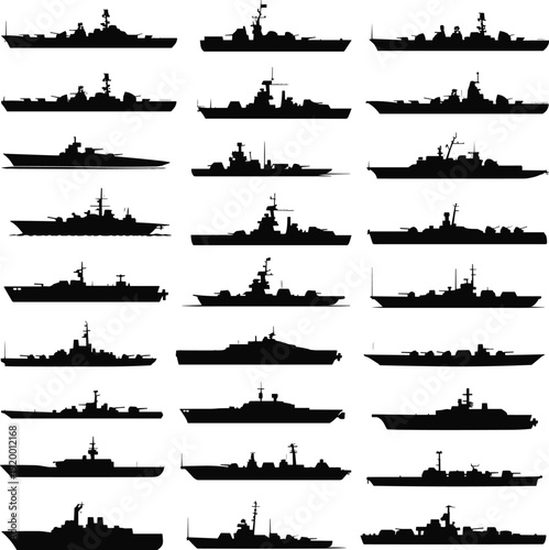 Collection of military warship silhouettes featuring navy destroyers cruisers frigates submarines and battleships isolated on white background for maritime defense and naval fleet concepts