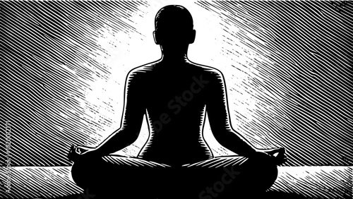 Silhouette of a person meditating in lotus position against a radiant textured background