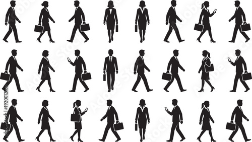 Business people walking silhouettes set, men and women with briefcase isolated vector illustration collection