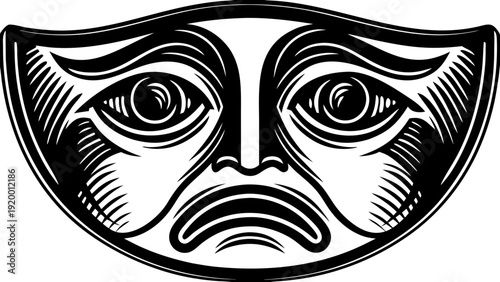 Theater mask illustration of a sad face with exaggerated emotions and detailed facial features