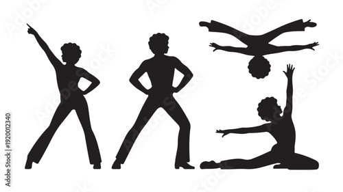 Vector Illustration Of Four Black Silhouettes Of Dancers In Various Poses On White Background For Dance And Movement Concepts