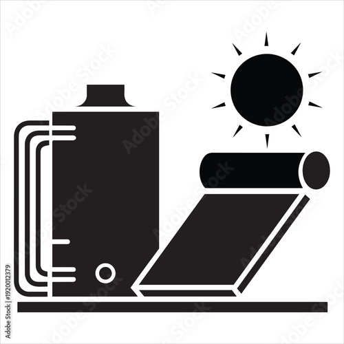 Solar water heater system icon with sun and storage tank, concept for renewable energy and sustainability.