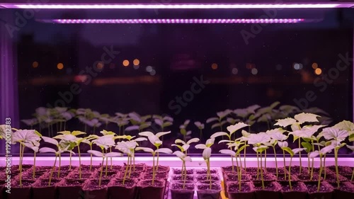 Young seedlings growing under purple LED lights in indoor garden  