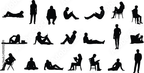 Collection of people silhouettes reading books in various sitting poses, isolated on white background, education concept, study lifestyle, knowledge, learning and leisure activity theme