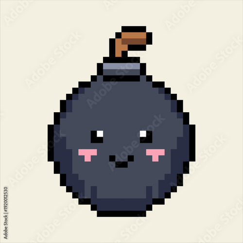 Cute kawaii pixel art 8-bit RPG round bomb with short fuse, friendly smiling face, pastel dark tones, thick pixel outline, centered icon