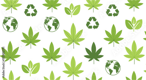 Seamless pattern with cannabis leaves, recycle signs, and earth