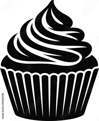 Cupcake silhouette icon isolated on white background, sweet dessert with swirled frosting topping, bakery logo design black vector illustration