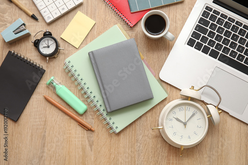 Alarm clocks, cup of coffee...
