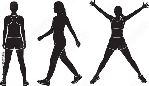 Fitness woman silhouette set, female athlete walking and jumping isolated vector illustration collection