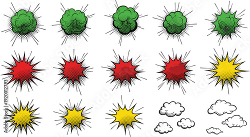 Comic Explosion and Smoke Cloud Vector Set with Cartoon Boom Effects, Impact Bursts, and Pop Art Style Blast Illustrations Collection
