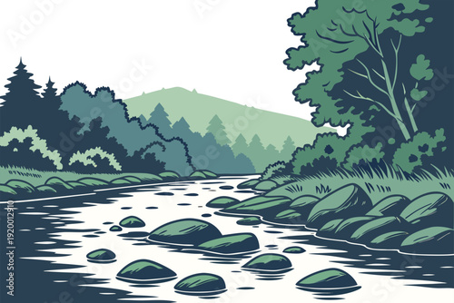Rocky River Landscape Scene. Mountain Rocky River Stream. Natural Rocky River View. Wild River with Rocks. Forest Rocky River Flow. Scenic Rocky River Valley. Clear Water Rocky River. River Rapids
