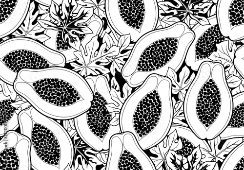 A collection of papayas and flowers in a seamless pattern from a top view
