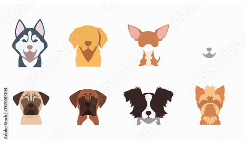 Trendy Flat Funny Dog Breeds Vector Illustration Set Isolated on Clean White Background
