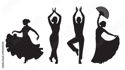 Silhouette Of Four Flamenco Dancers In Various Poses On White Background For Dance And Performance Concept