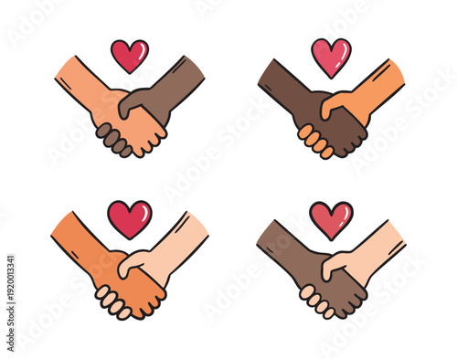 Hand drawn multiracial hands holding showing diversity unity support love