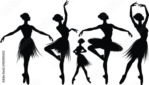 Five black silhouette ballerinas in various dance poses ballet silhouettes