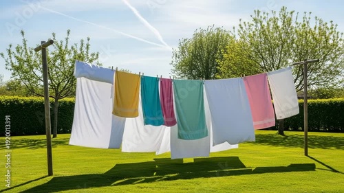 Freshly laundered towels hanging on line in sunny garden  