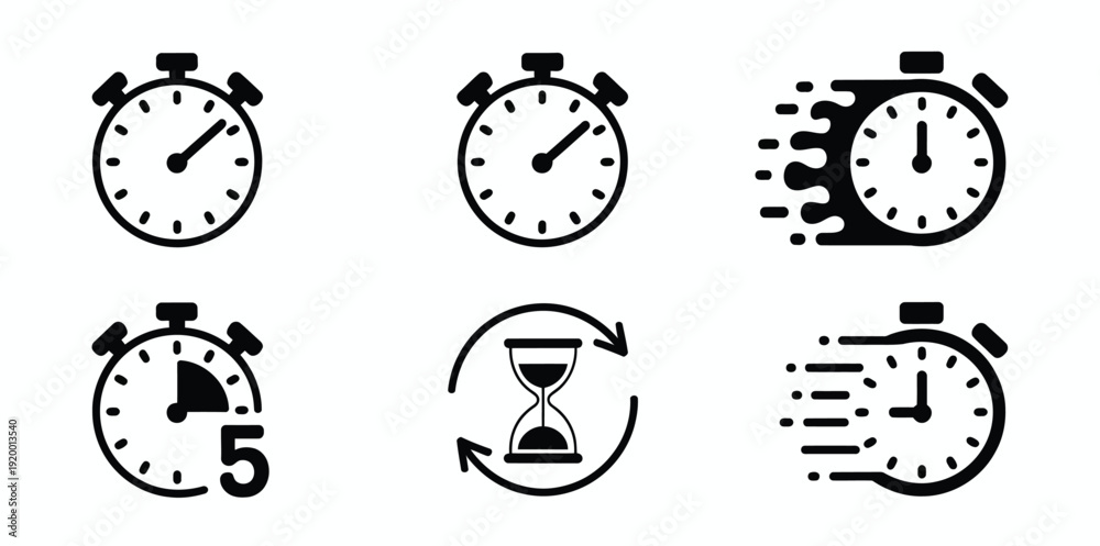 Fototapeta premium Stopwatch and timer icon set featuring speed, countdown and hourglass symbols, simple vector collection representing time management, fast action, delay, schedule and clock concepts