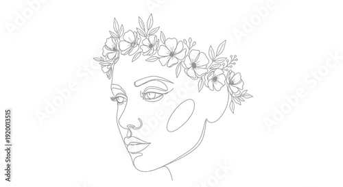 Woman's face with floral crown line art illustration