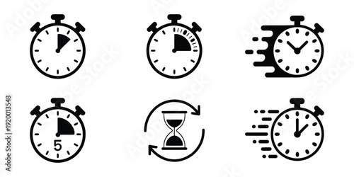 Stopwatch and timer icon set featuring speed, countdown and hourglass symbols, simple vector collection representing time management, fast action, delay, schedule and clock concepts
